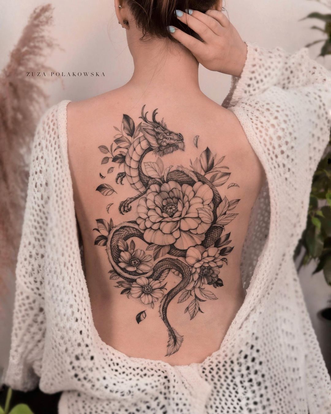 chinese dragon tattoos with flowers on the back