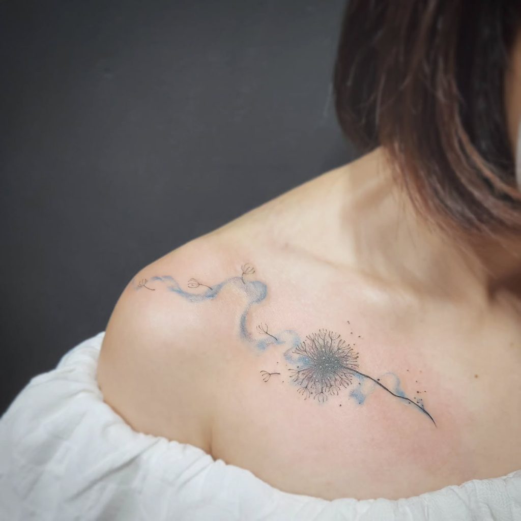 Flowing Collarbone Dandelion Tattoo